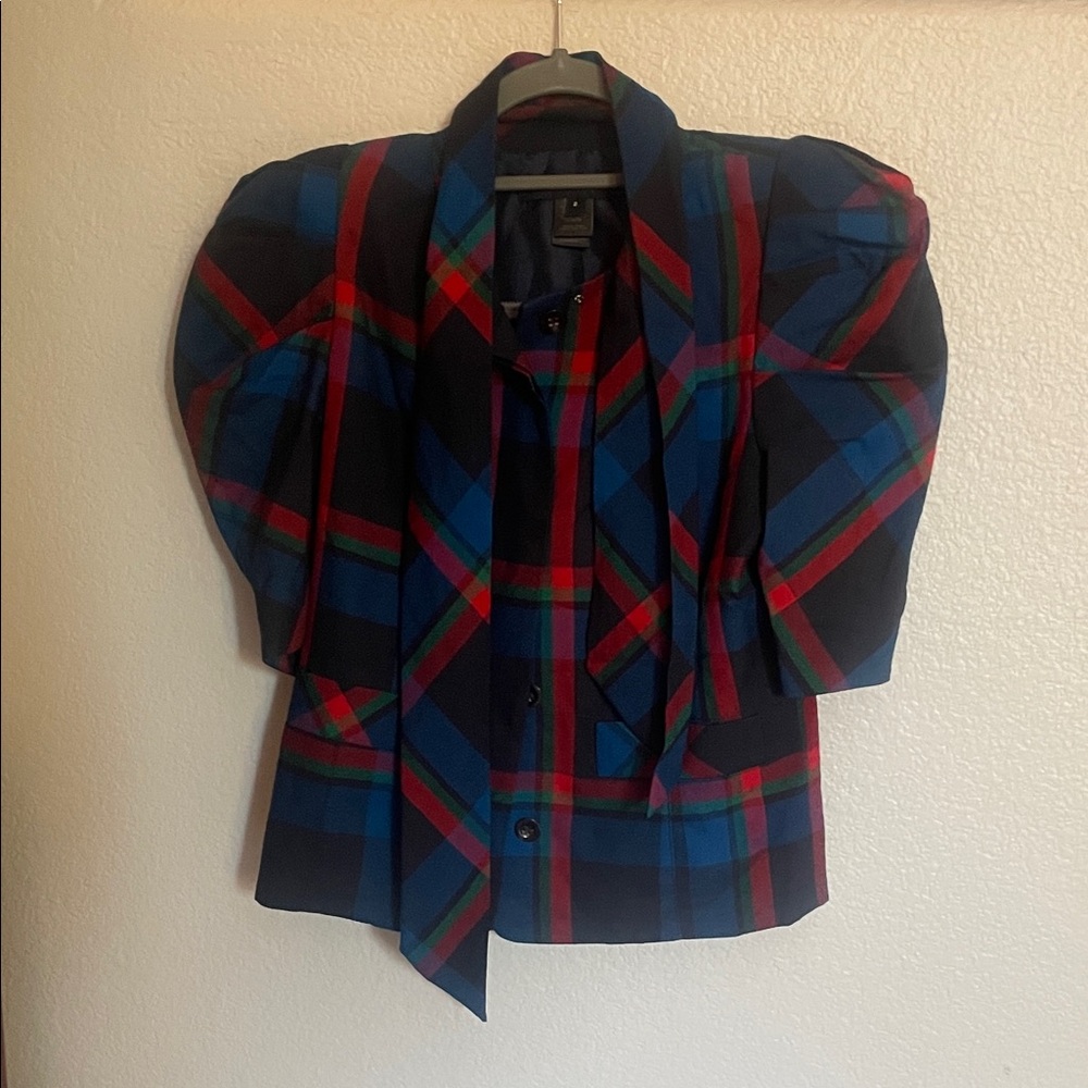 Marc Jacob’s Plaid Puff Sleeve Blouse with Tie Silk Wool Blend holiday festive